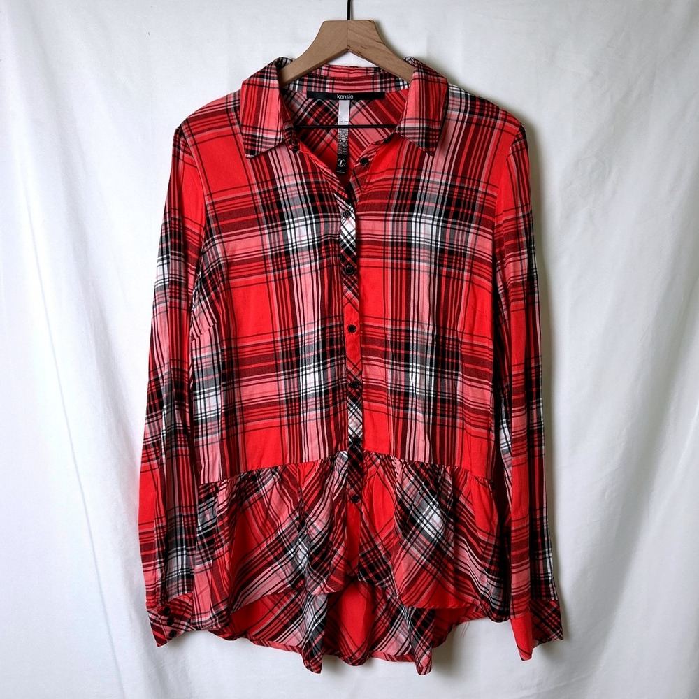 Kensie Women Peplum High-Low Plaid Button Up Shirt Size L Pink Orange Country